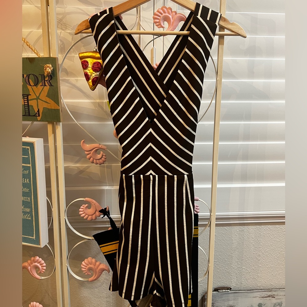 Striped Brown and White V-Neck Romper